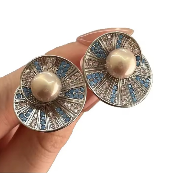 Round Pearl Statement Earrings with Blue Stones - Picture 3 of 6